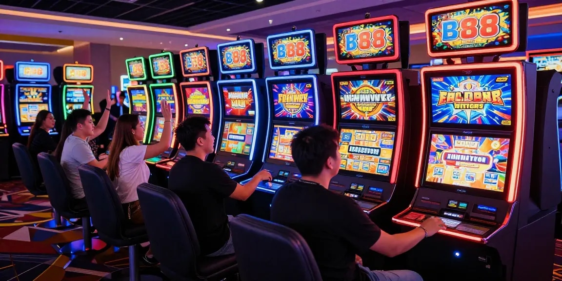 Pengunjung bermain slot88 dengan penuh semangat dan keceriaan di kasino yang ramai.