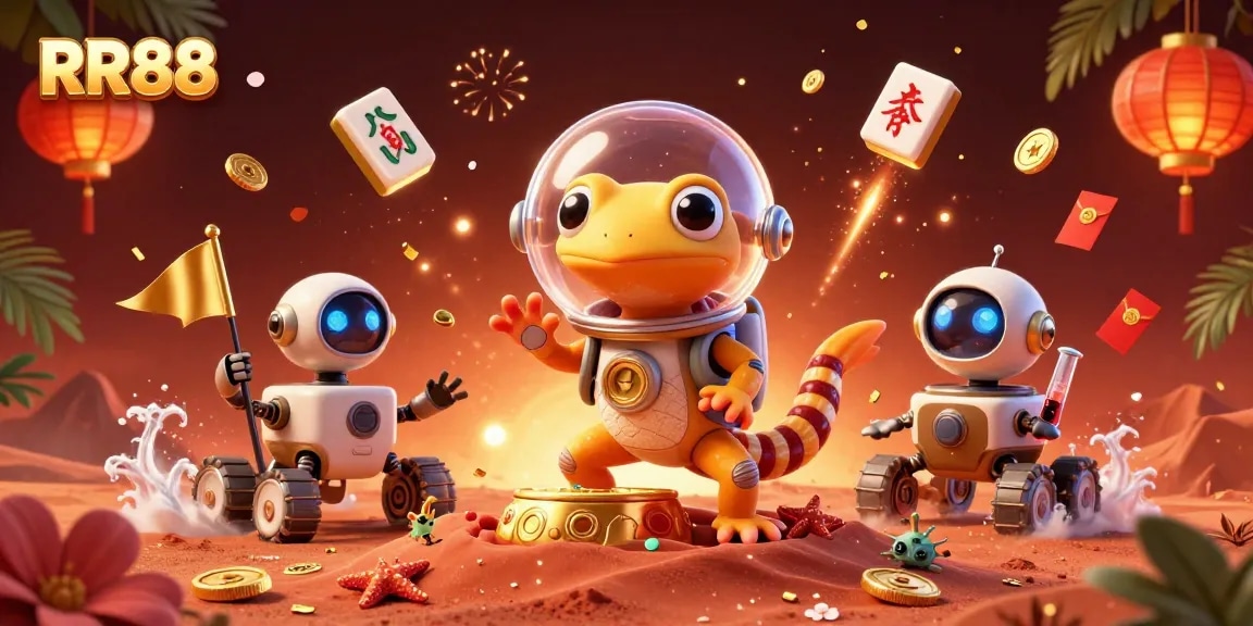 Experience thrilling wins at RR88 in a vibrant Martian-themed casino scene.