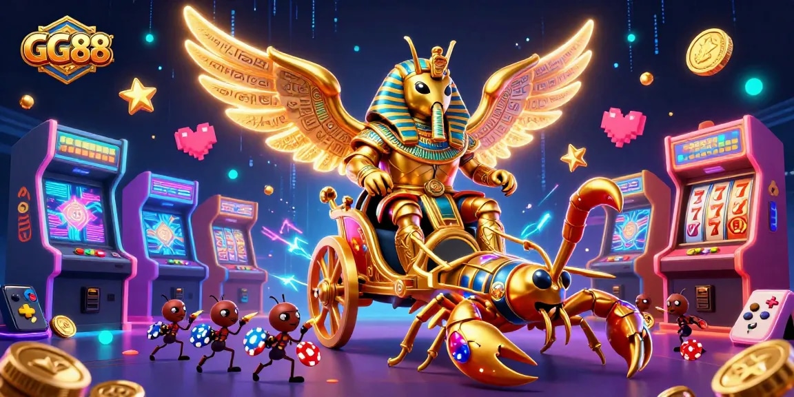 Experience thrilling gameplay with GG88 as a colossal scarab and scorpions lead a vibrant casino adventure.