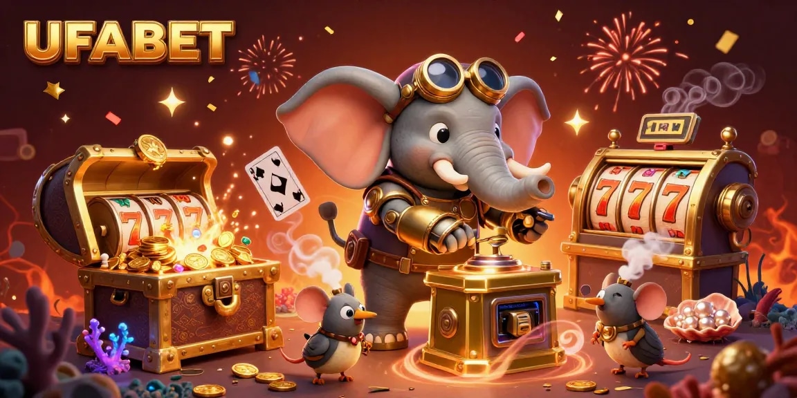 Play slots and win big at UFABET with a cartoon elephant engineer spinning a golden slot machine.