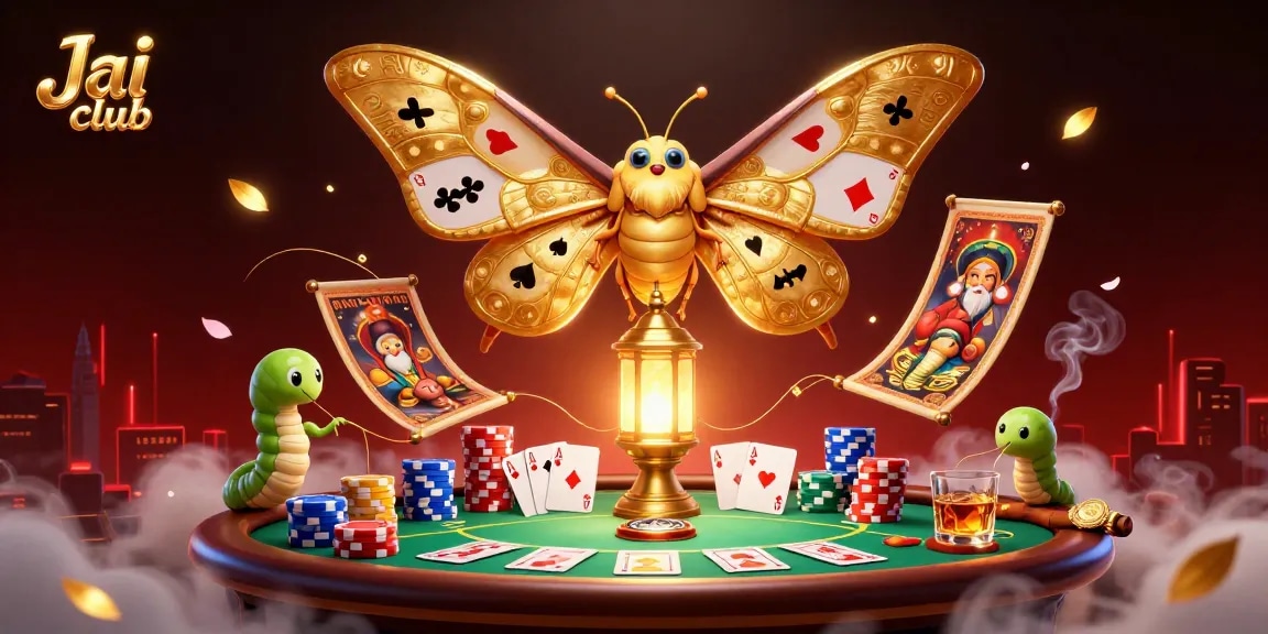 Experience the thrill at Jai club with a vibrant poker scene featuring a majestic moth and dynamic gameplay.