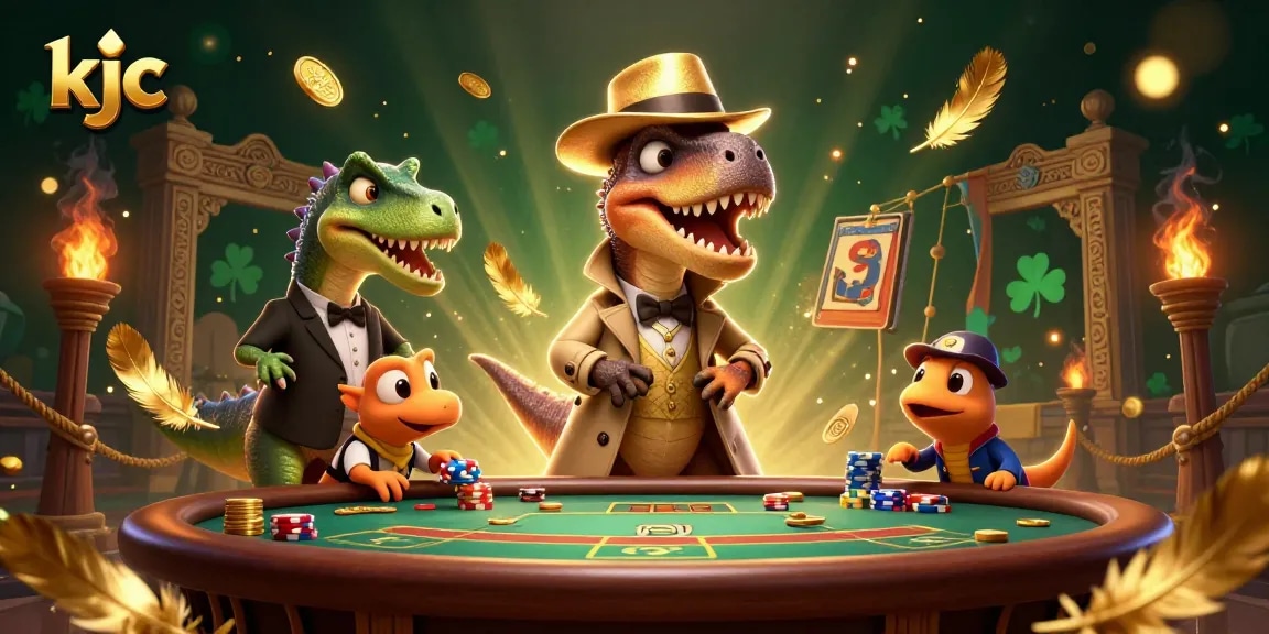 KJC gaming scene captures a velociraptor card counter at a blackjack table, showcasing a lively casino atmosphere.
