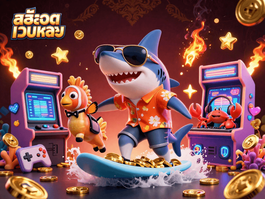 Spin the reels on สล็อตเว็บตรง as a shark surfs on gold coins in this vibrant casino illustration.