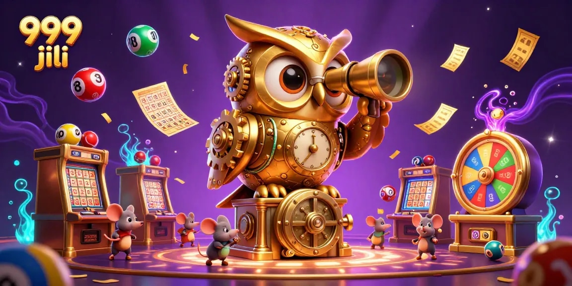 Engage with 999 jili in a vibrant casino scene featuring golden owl, lottery balls, and dynamic gaming elements.