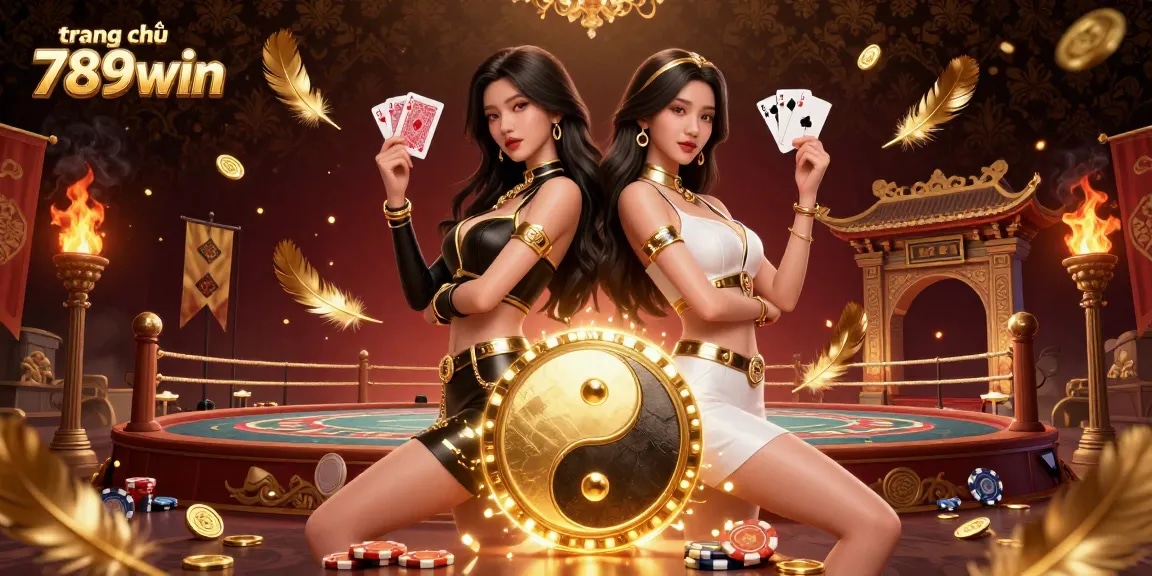 Engage with the vibrant world of trang chủ 789win through a dynamic 3D casino illustration showcasing dual Asian women with playing cards amidst a rich blend of gaming elements.