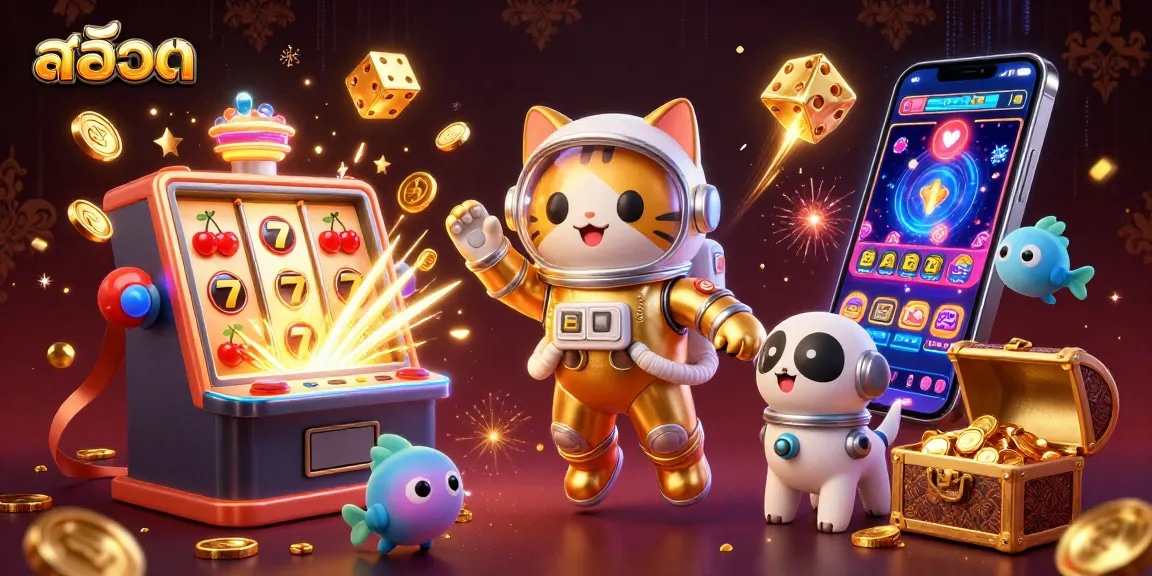 Engaging สล็อต game scene featuring a golden astronaut cat and robot dog surrounded by vibrant casino elements.