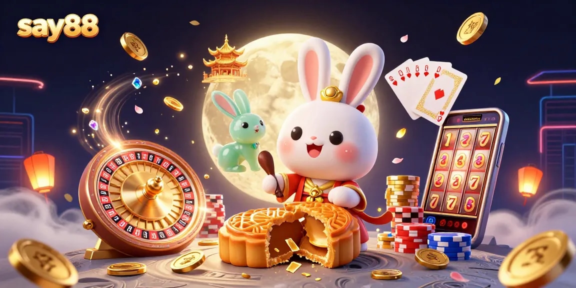 Spin and win with say88 in this vibrant 3D digital scene featuring casino elements and characters.