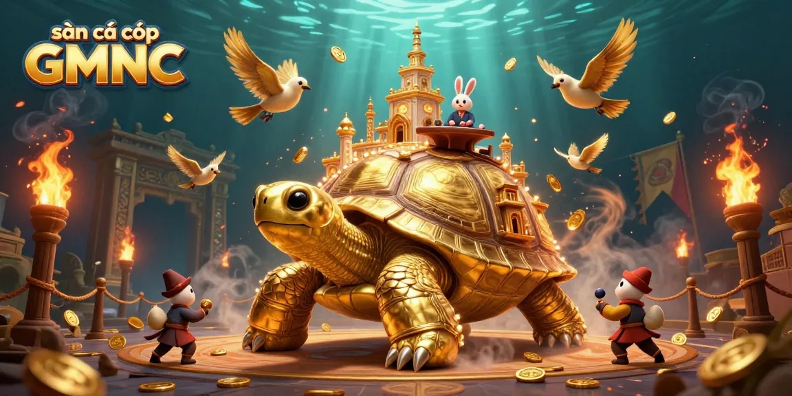Sàn cá cược GMNC showcases an engaging 3D illustration with golden tortoise, rabbit dealer, and flying coins.