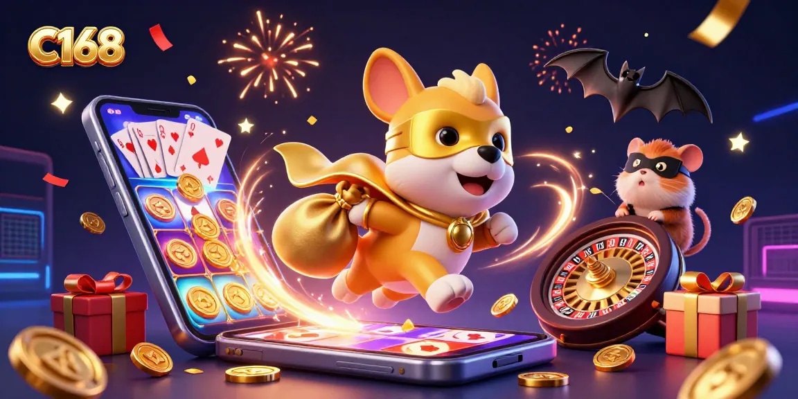 C168 offers an exciting gaming experience with a superhero dog and a hamster, showcasing thrilling casino elements.
