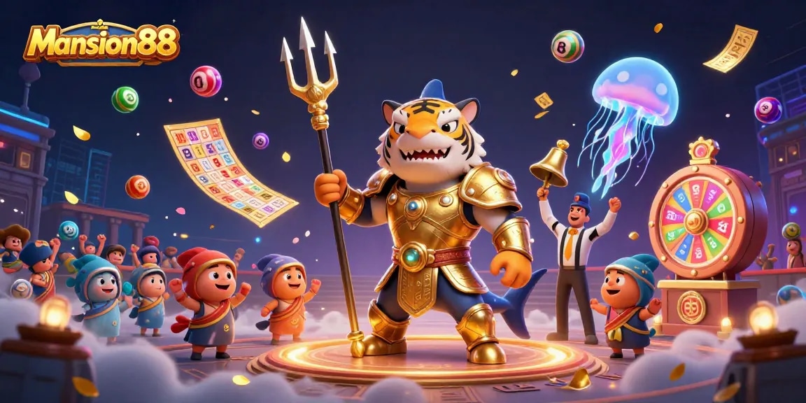 Mansion88 menyajikan momen seru perjudian dengan harimau hiu 3D bertema gladiator dalam arena bawah laut.