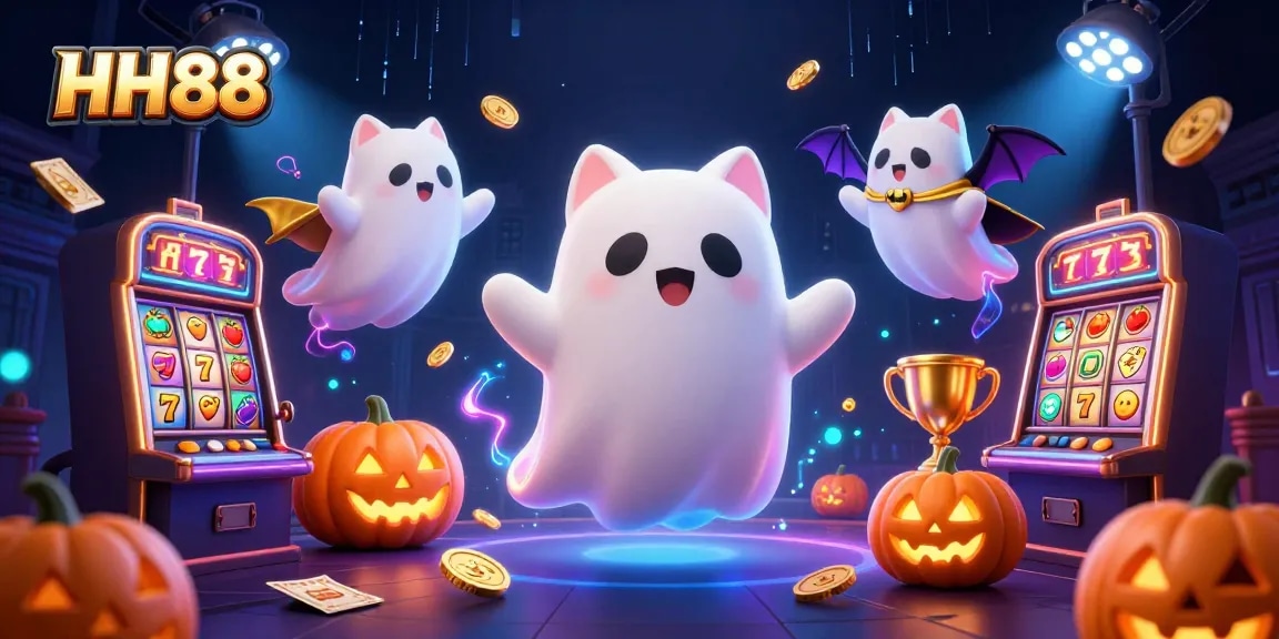 Experience thrilling bets at HH88 with a friendly ghost cat and vibrant casino ambiance