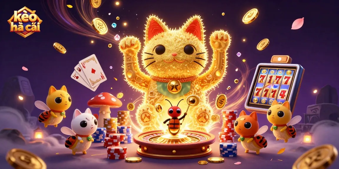 Kèo nhà cái delivers thrilling sports betting insights with vibrant visuals and dynamic symbols in a 3D scene.
