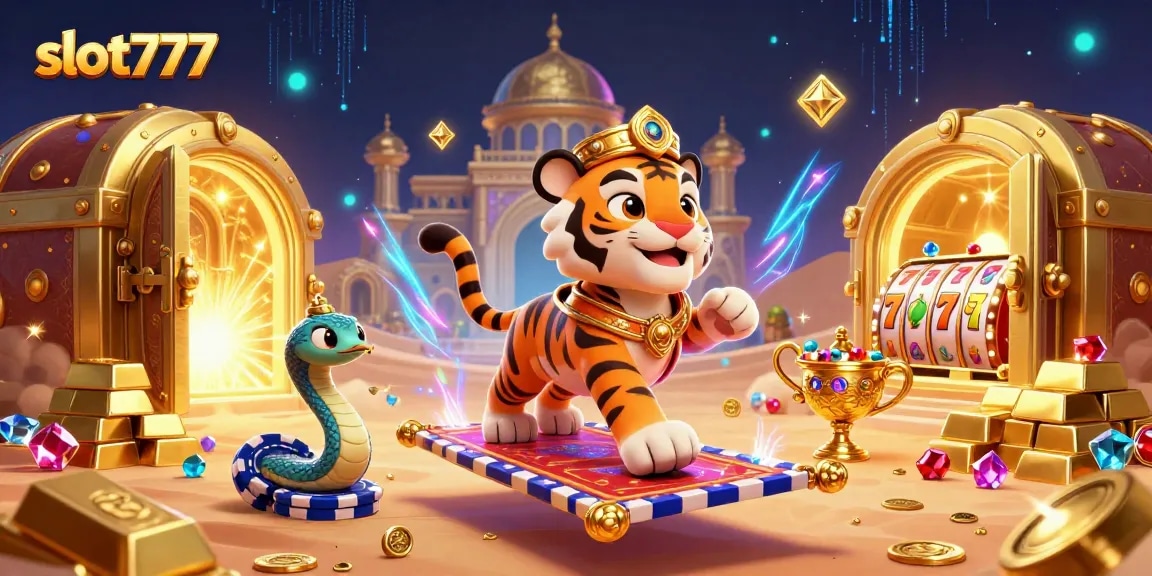 Experience slot777 magic with a tiger sultan on a treasure-filled carpet in a dazzling casino world.