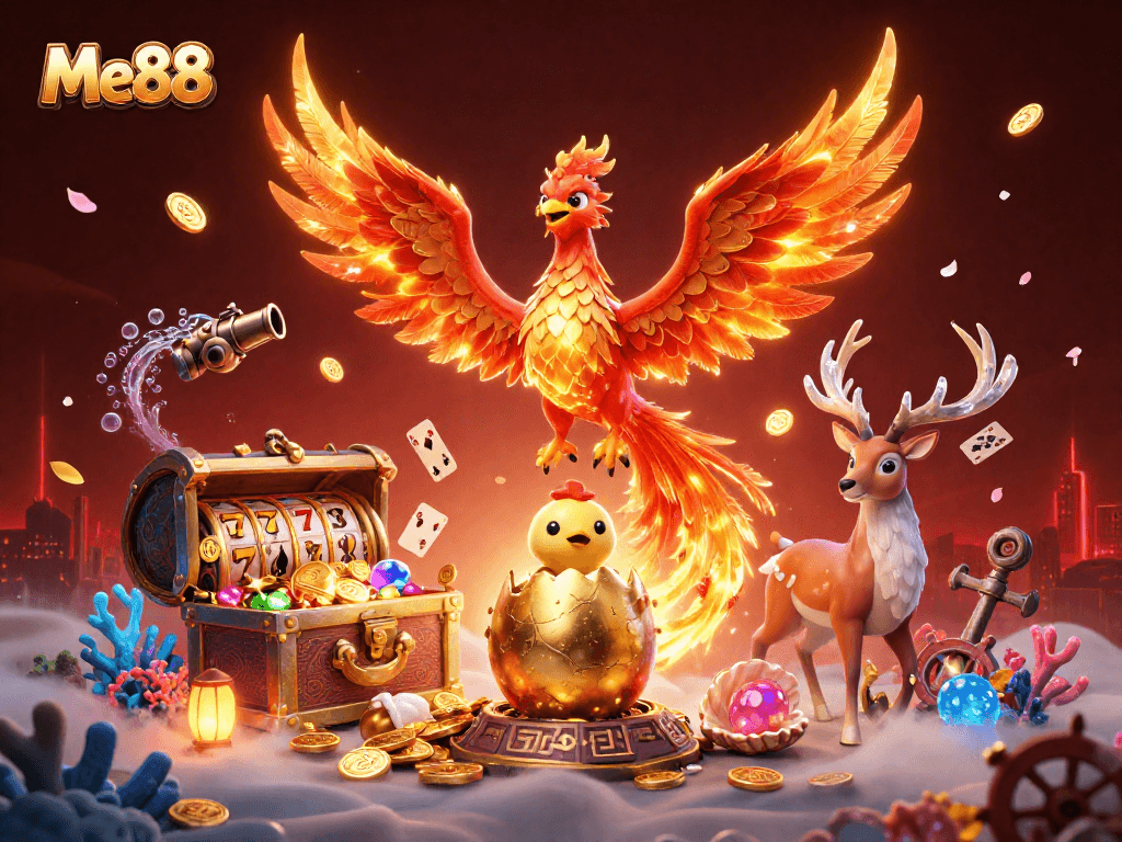 Me88 offers thrilling gaming experiences with fire phoenix and mystical stag in a vibrant casino scene.