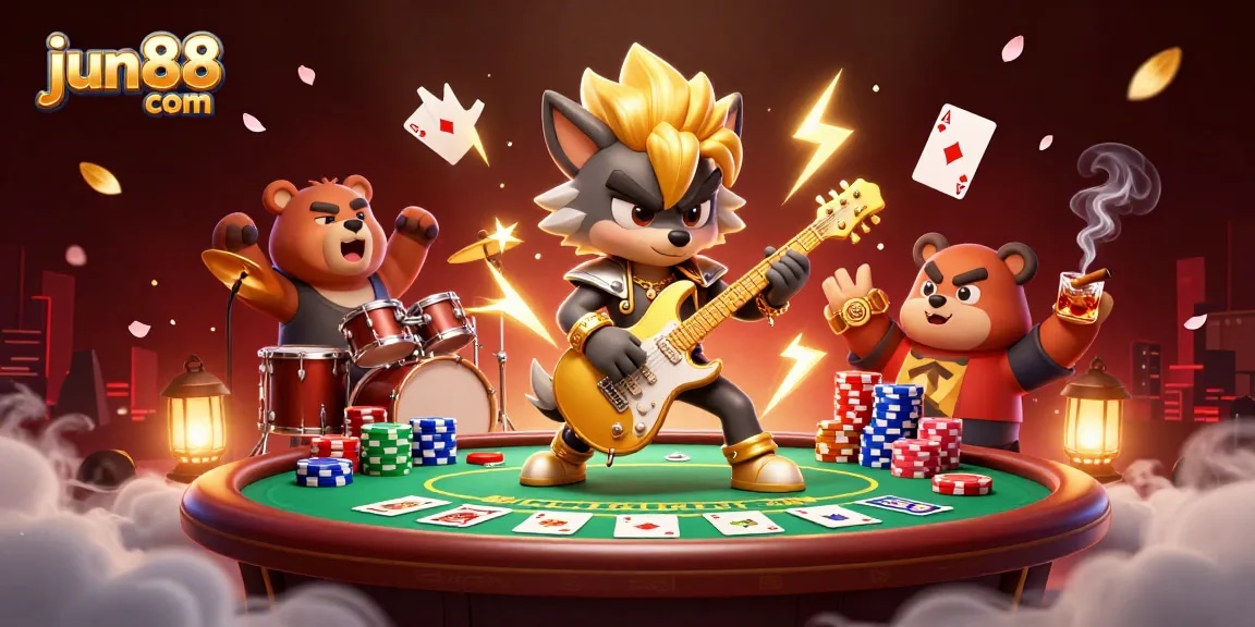 Engage in thrilling games at jun88 com with electric guitar performances and poker excitement on stage.