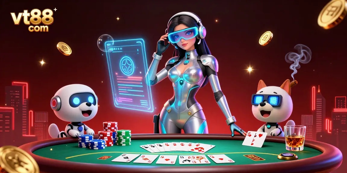 Engage with vt88 com in this vibrant 3D casino scene filled with poker elements and futuristic characters.
