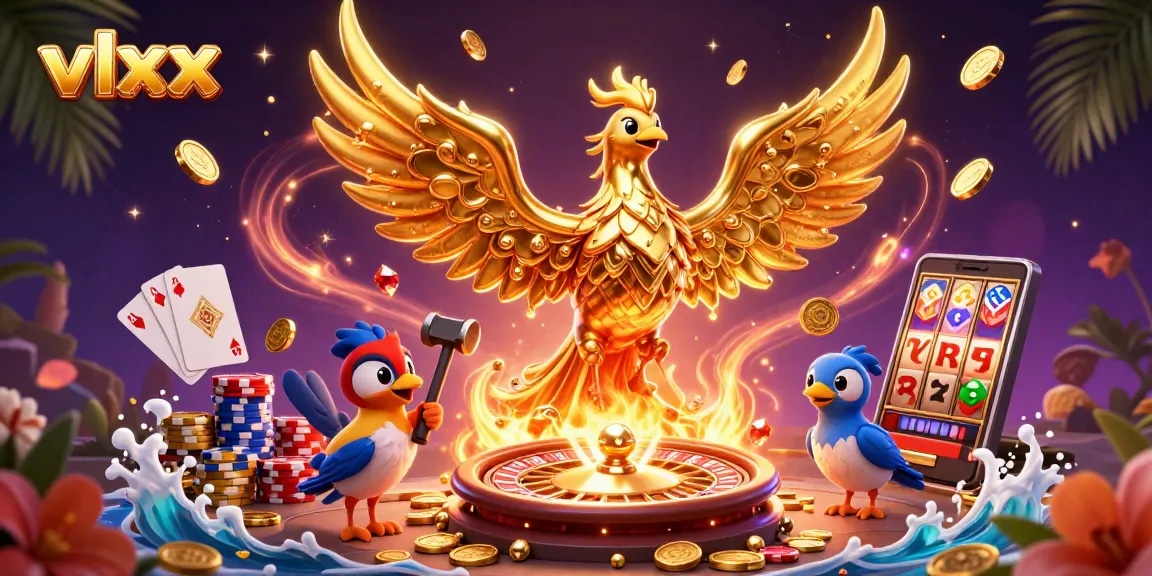 vlxx celebrates fortune with a dynamic scene of a molten golden phoenix amidst gambling excitement.