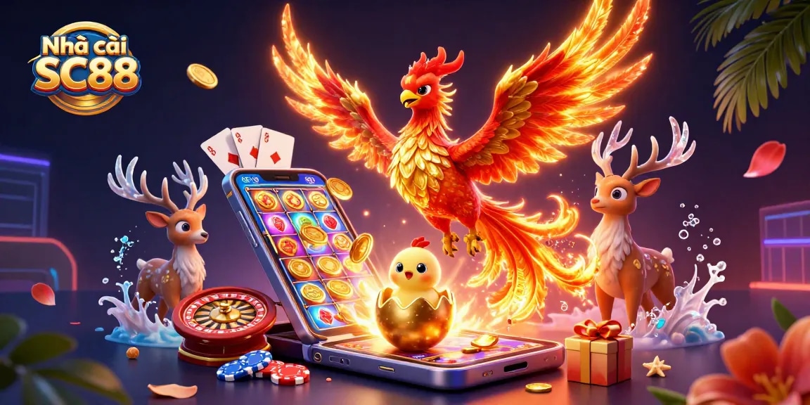 Engage with Nhà cái SC88's vibrant casino scene showcasing a phoenix and slot game elements.