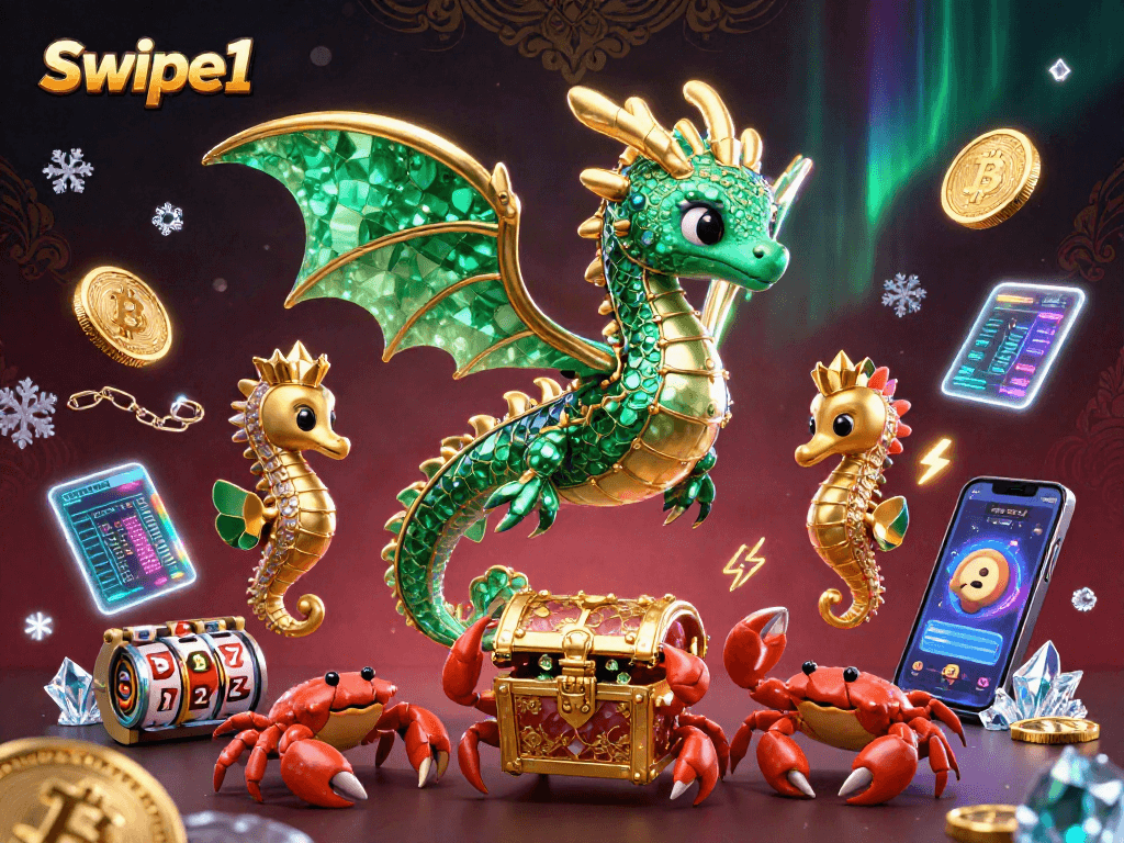 Spin to win with Swipe1 in a vibrant slot-themed 3D illustration featuring sea dragon and crypto coins.