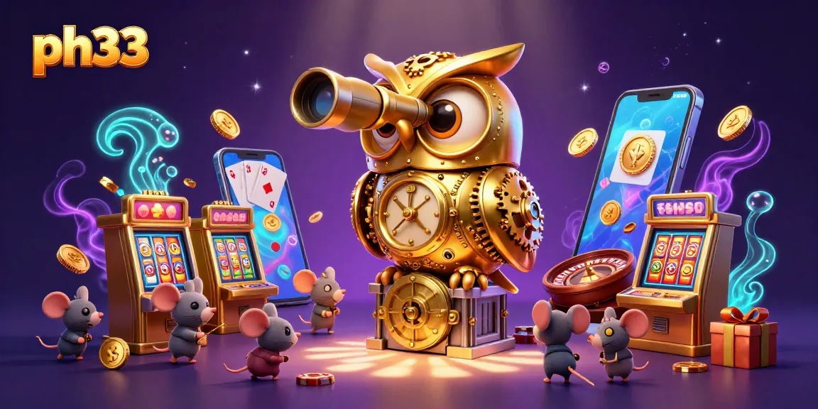 Experience thrilling gaming at ph33 with vibrant slot machines and engaging characters in a dynamic casino scene.