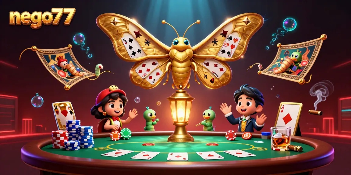 Experience thrilling gameplay with nego77, featuring vibrant poker elements and a majestic moth symbolizing fortune.