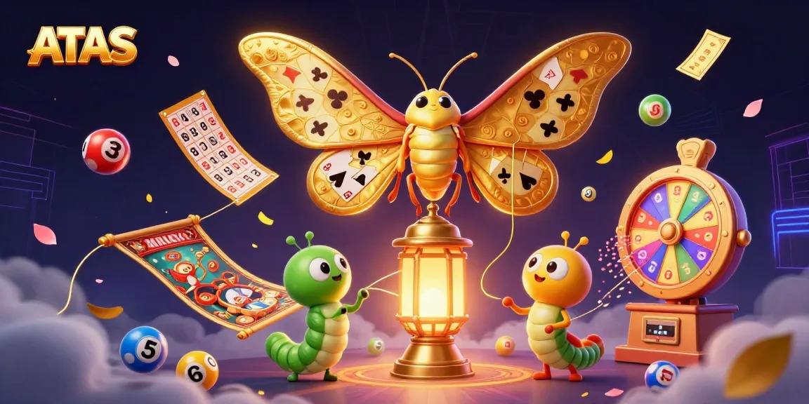 Engage with exciting ATAS casino games featuring vibrant lottery balls, golden elements, and a majestic moth.