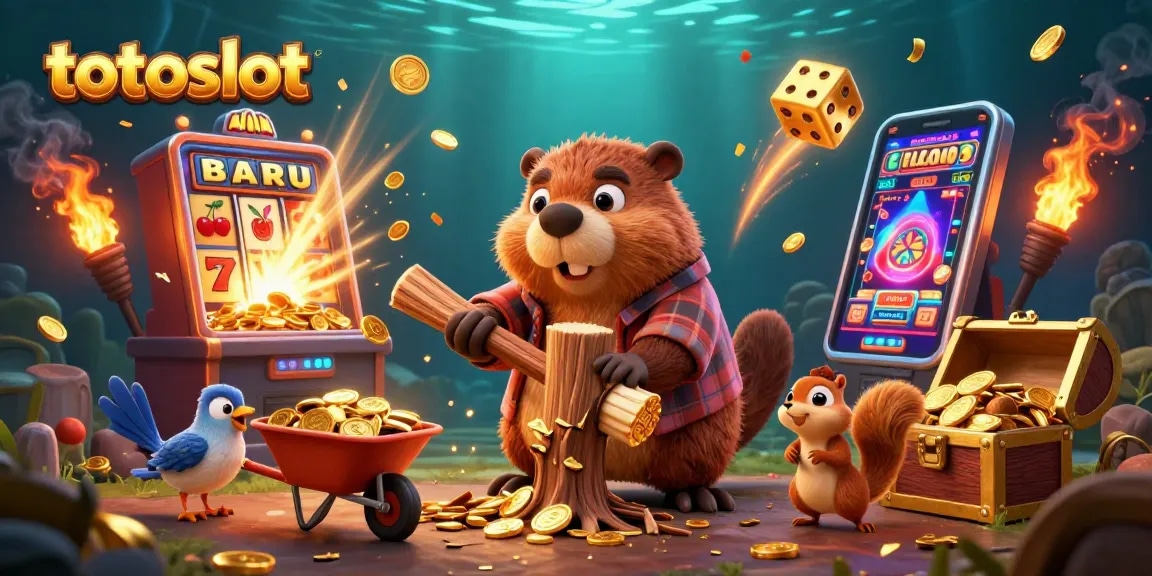 Totoslot showcases excitement with a lumberjack beaver gathering coins amidst casino game elements.
