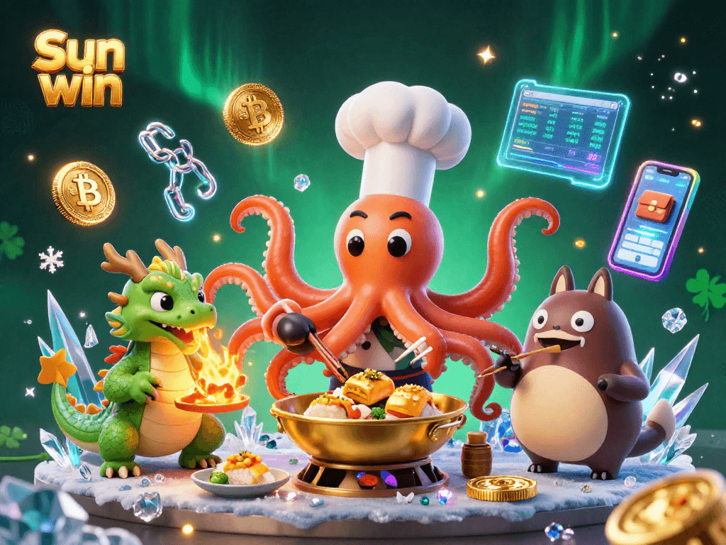 Engage in exciting gameplay with Sun win as cartoon characters create gourmet dishes amidst vibrant gambling elements.