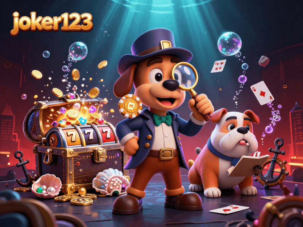 Gambarlah penggemar joker123 yang memenangkan jackpot dengan slot berputar dan karakter detektif 3D.