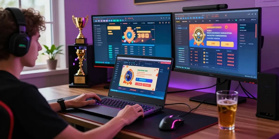 Player enjoying ulartoto togel online gaming on a vibrant setup with dynamic lighting.