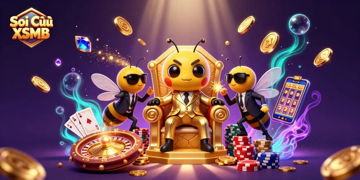Soi Cầu XSMB with bumblebee mob boss surrounded by sparkling casino elements and vibrant colors