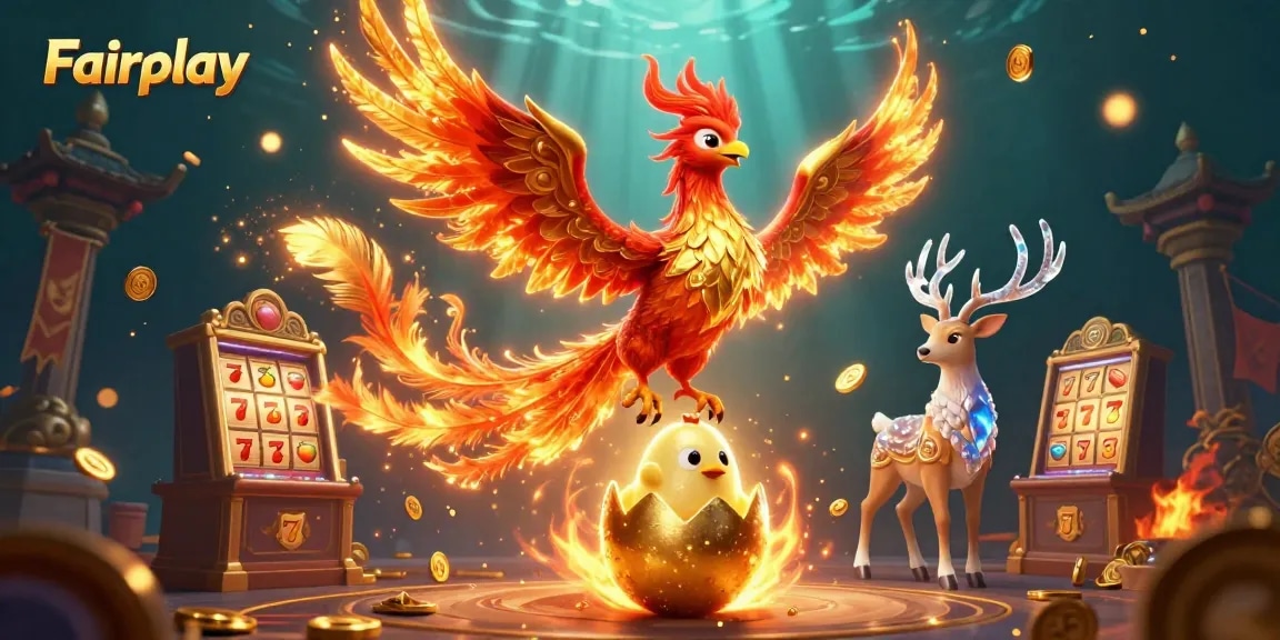 Spin the reels with Fairplay's vibrant casino illustration featuring phoenixes and slot symbols.