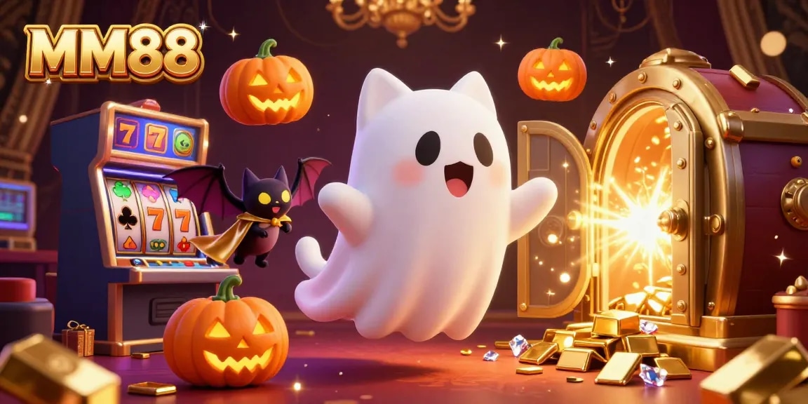Experience the thrill of MM88 online casino with a friendly ghost cat and exciting game elements.