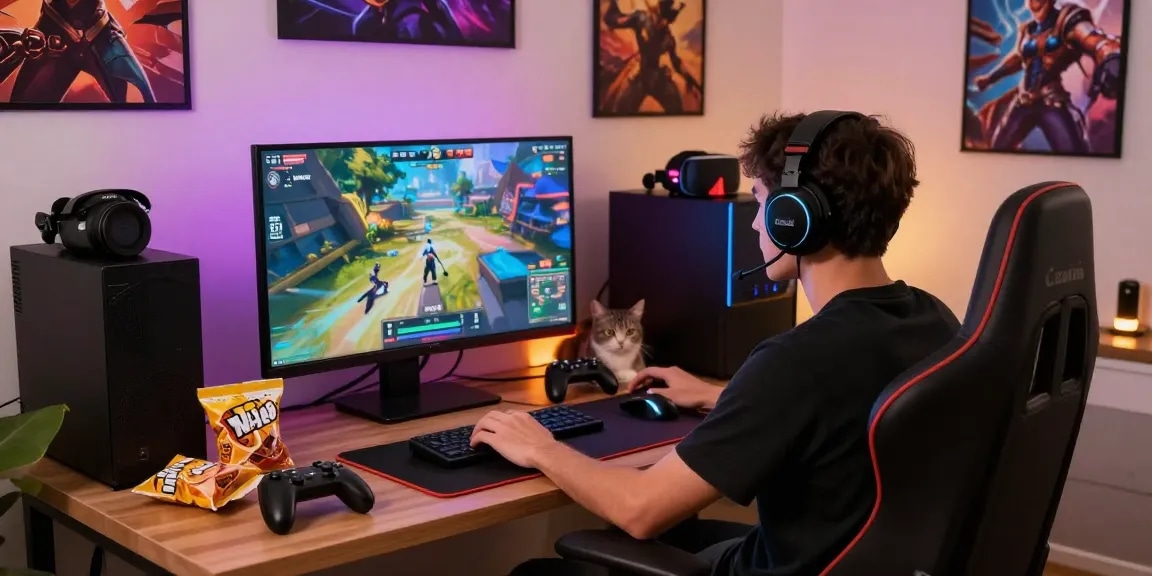 LUCK8 gaming enthusiast in a modern gaming setup, vibrant LED lights and snacks creating an energetic atmosphere.