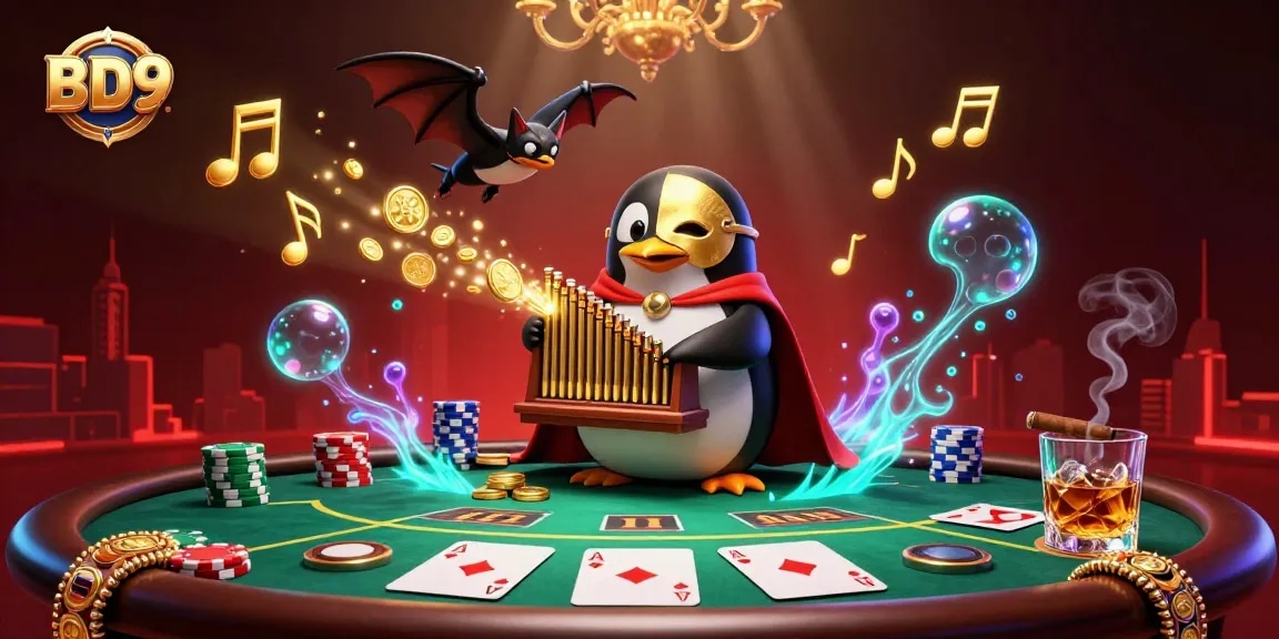 Experience the thrill of BD9 as a penguin plays an organ shooting coins, enhancing the online gambling excitement.