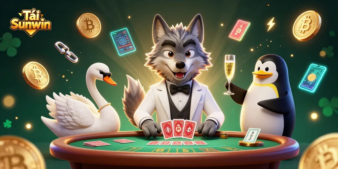 Experience the thrill of Tải Sunwin with engaging 3D characters playing cards and showcasing crypto elements.