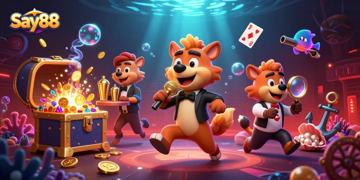 Experience the vibrant say88 casino scene with animated hyenas in a comedy show, mixing drinks, and checking IDs amidst treasures