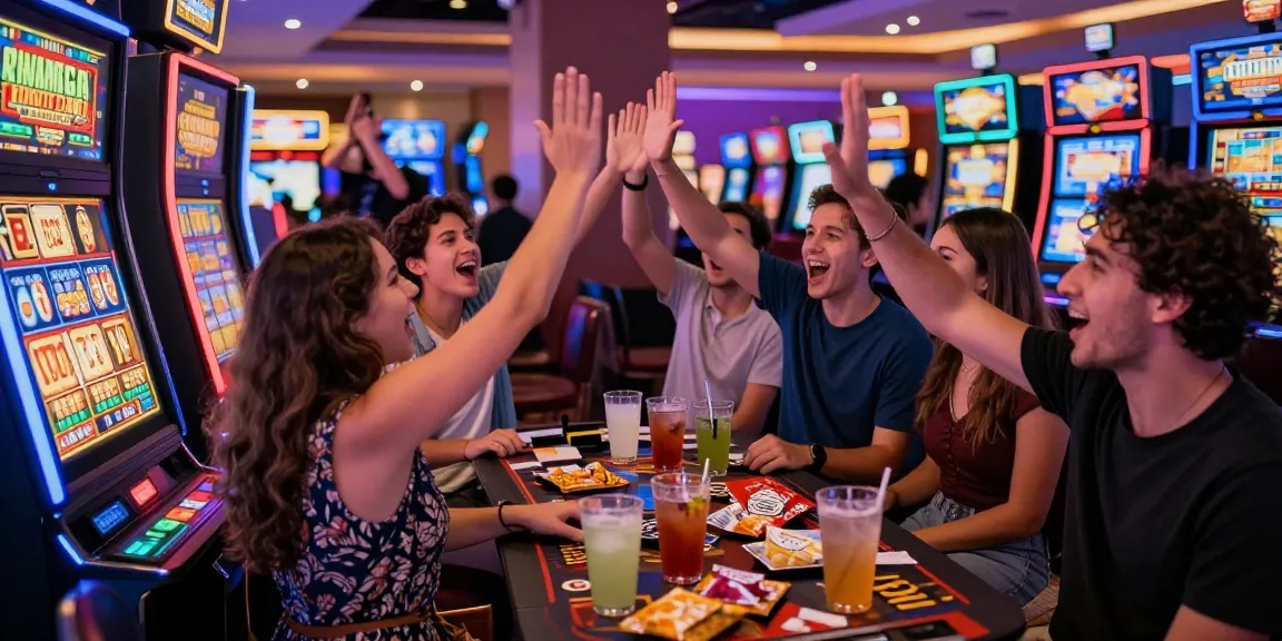 Keberuntungan dari slot jackpot saat kelompok teman bersorak di kasino