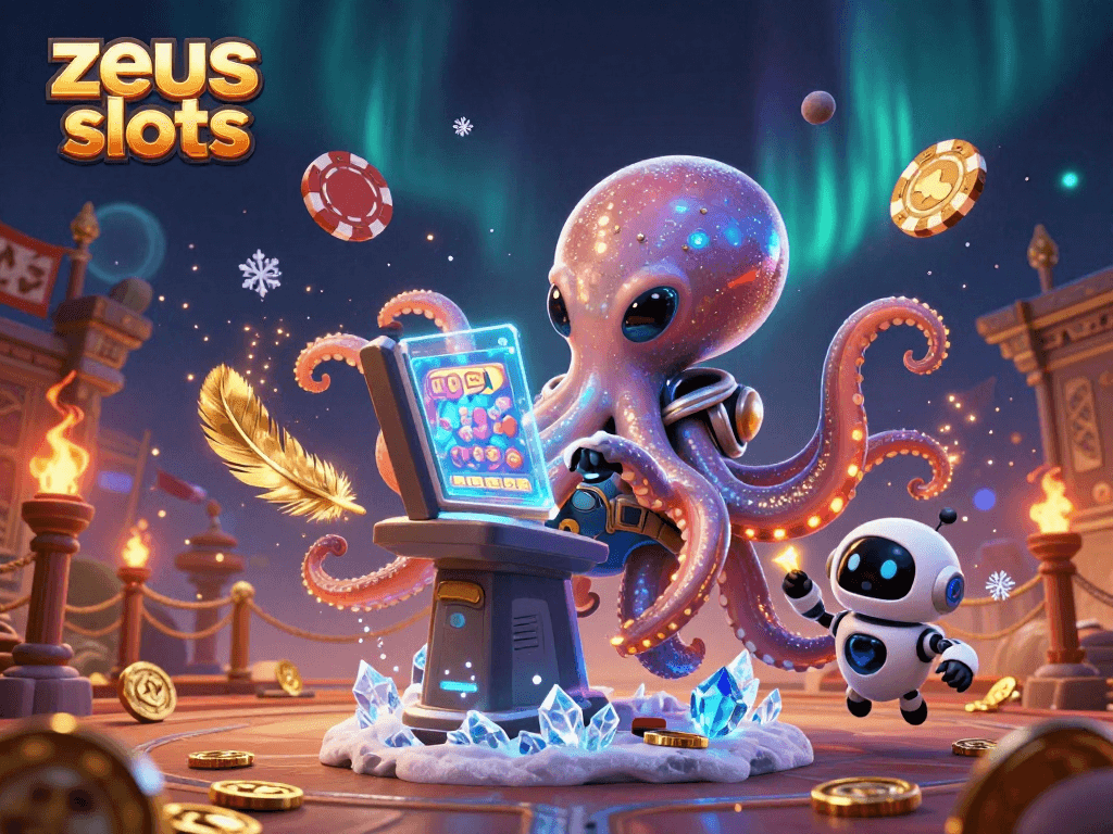 Experience thrilling zeus slots action with a vibrant alien octopus operating a holographic slot machine.