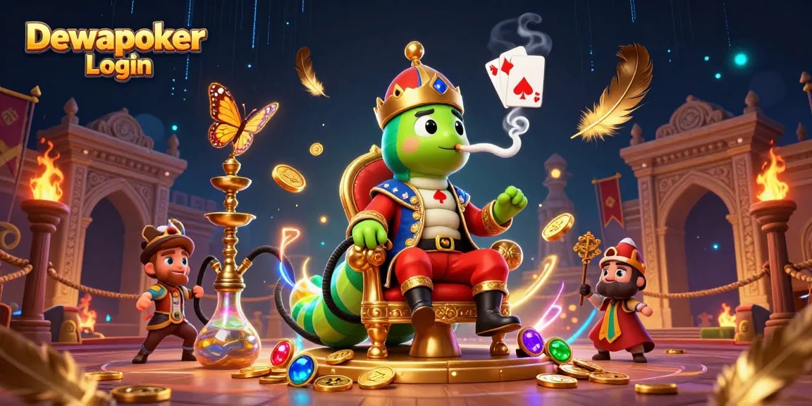 Dewapoker Login invites poker enthusiasts with a dynamic illustration showcasing exciting gaming elements and vibrant casino atmosphere.