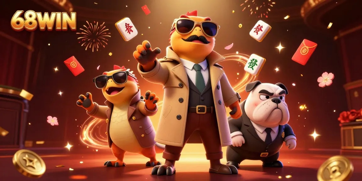 Witness three raptors in a trench coat trying to enter a VIP area at 68WIN casino, showcasing vibrant gaming elements.