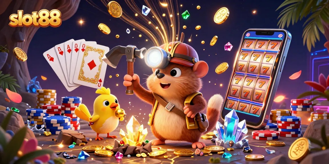 Slot88 menghadirkan aksi seru dengan karakter penambang dan petunjuk keberuntungan dalam permainan slot.