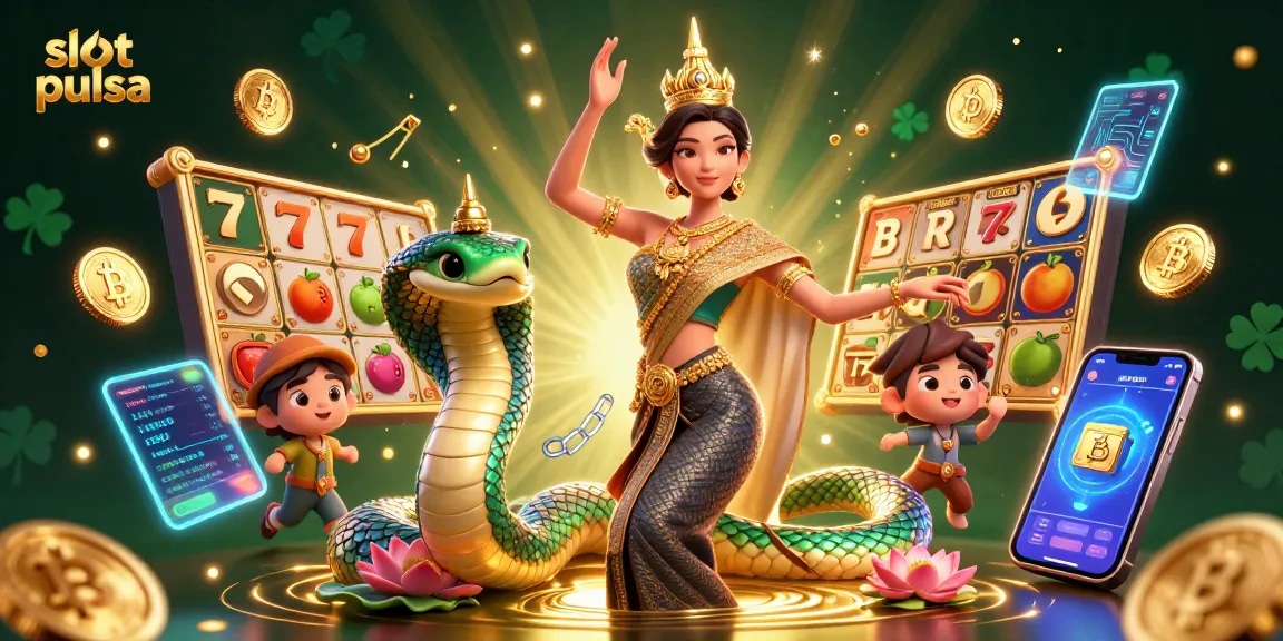 Spin thrilling slot pulsa games with a vibrant Asian dancer and Naga serpent in a colorful casino scene.