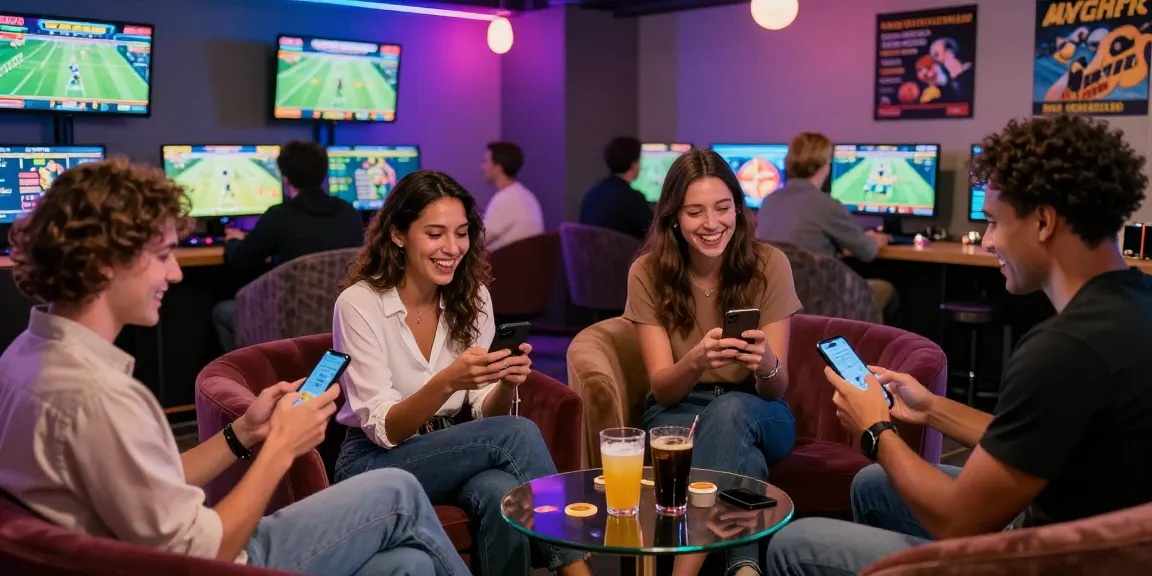 Exciting gaming atmosphere at lotus365 with friends enjoying live casino and sports betting.