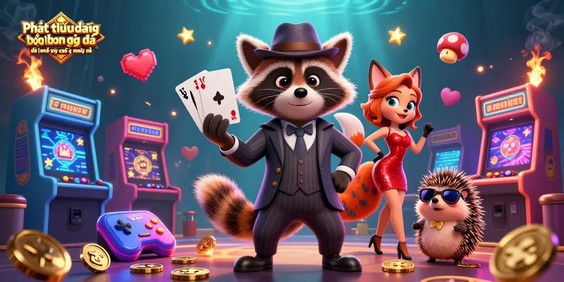 Experience Phát trực tiếp bóng đá độ phân giải cao và mượt mà with a stylish raccoon and friends surrounded by vibrant gaming elements.