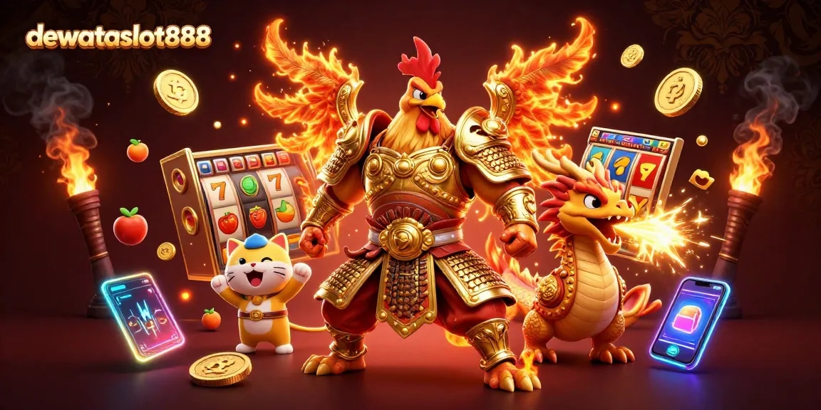 dewataslot888 menghadirkan ilustrasi 3D menarik dengan karakter perang dan simbol slot gacor.