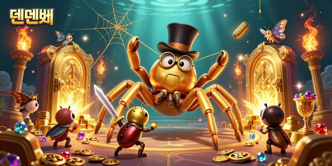 Experience the thrilling adventure of 텐텐벳 as the brave beetle knight approaches the golden tarantula in a dazzling casino.