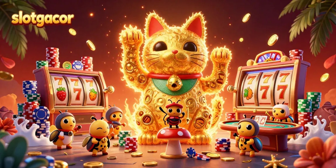 Experience the thrill of slotgacor with a vibrant lucky cat amidst dynamic casino symbols and jackpot counters.