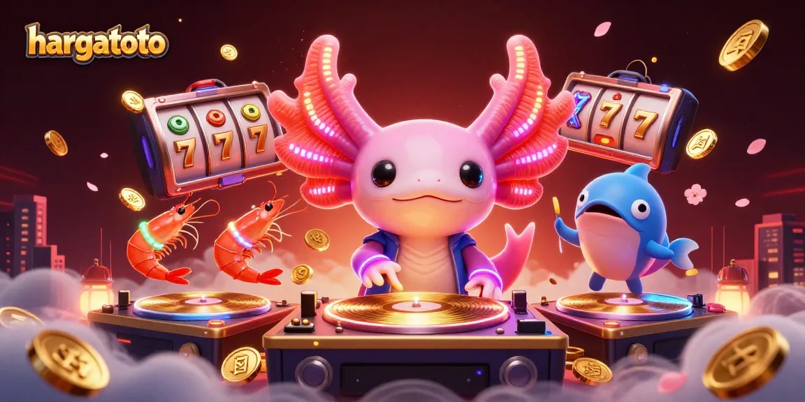 Experience hargatoto's thrilling slot action with neon axolotl DJ and vibrant animations.