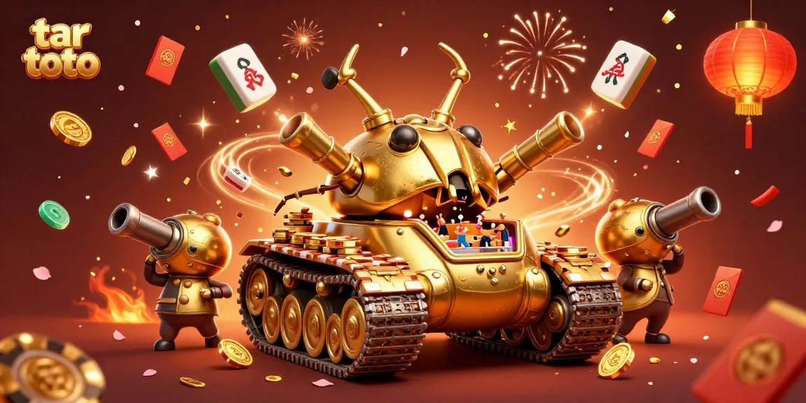 Experience the excitement of tar toto with a vibrant casino scene featuring a golden beetle tank and festive elements.